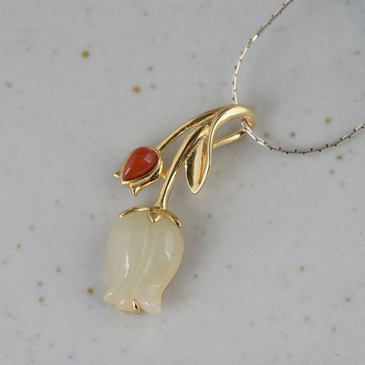 Natural White Jade Tulip Flower Pendant Necklace Vintage Style Retro Design Women's Jewelry