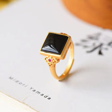 Load image into Gallery viewer, Natural Jade Black Agate Opening Adjustable Ring Vintage Antique Craft Women&#39;s Silver Jewelry
