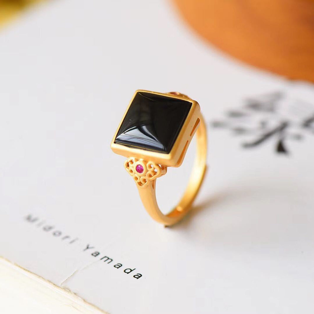 Natural Jade Black Agate Opening Adjustable Ring Vintage Antique Craft Women's Silver Jewelry