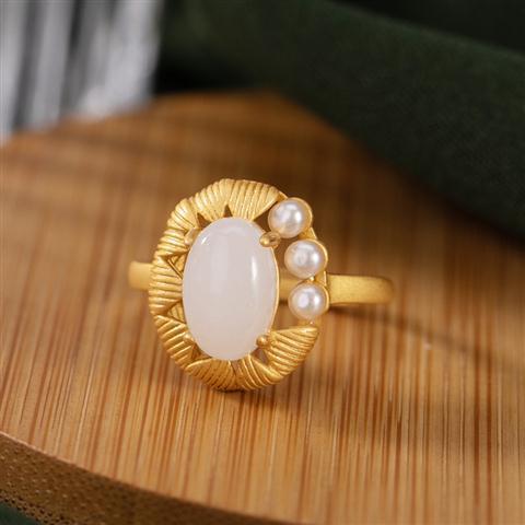 Natural White Jade Original Silver Inlaid Pearl Niche Design Luxury Women Open Adjustable Ring