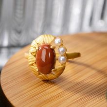 Load image into Gallery viewer, Natural Southern Red Agate Original Silver Inlaid Pearl Niche Design Luxury Women Open Adjustable Ring
