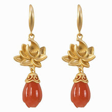 Load image into Gallery viewer, Natural Red Jade Original Silver Inlay Golden Lotus Luxury Niche Design Magnolia Women&#39;s Earrings
