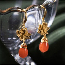 Load image into Gallery viewer, Natural Red Jade Original Silver Inlay Golden Lotus Luxury Niche Design Magnolia Women&#39;s Earrings
