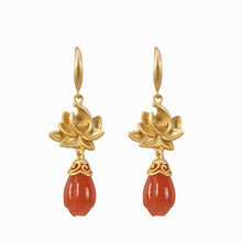 Load image into Gallery viewer, Natural Red Jade Original Silver Inlay Golden Lotus Luxury Niche Design Magnolia Women&#39;s Earrings
