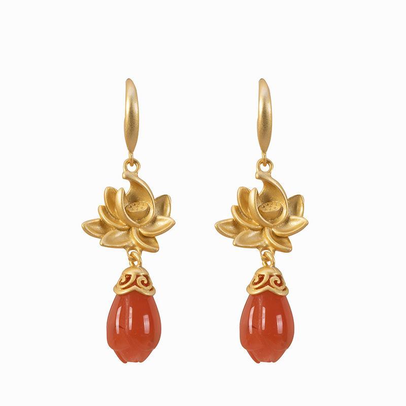 Natural Red Jade Original Silver Inlay Golden Lotus Luxury Niche Design Magnolia Women's Earrings