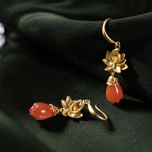 Load image into Gallery viewer, Natural Red Jade Original Silver Inlay Golden Lotus Luxury Niche Design Magnolia Women&#39;s Earrings
