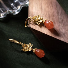 Load image into Gallery viewer, Natural Red Jade Original Silver Inlay Golden Lotus Luxury Niche Design Magnolia Women&#39;s Earrings
