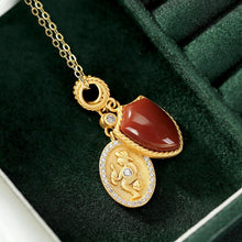 Load image into Gallery viewer, Natural Fine Southern Red Agate Silver Inlaid Knight and Shield Pendant Necklace French Retro Women&#39;s Brand Jewelry
