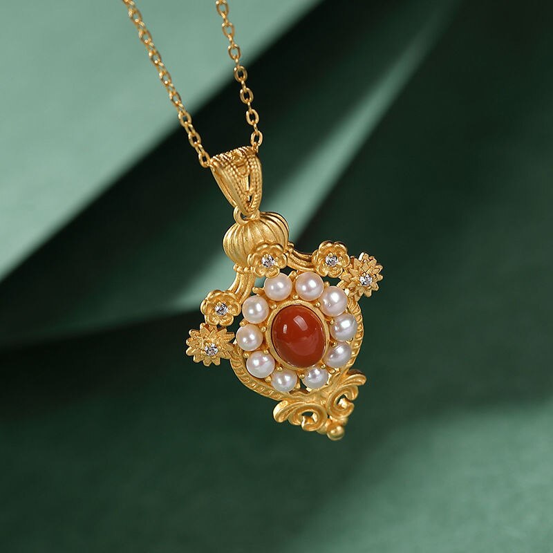 Natural Southern Red Agate Inlaid Pearl Silver Vintage Plum Blossom Charm Lady Pendant Necklace