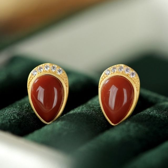 Natural Southern Red Agate Silver Inlaid Earrings Drop-shaped Retro Niche Design Crafts Women Brand Jewelry