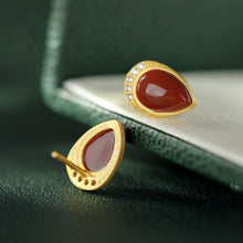 Load image into Gallery viewer, Natural Southern Red Agate Silver Inlaid Earrings Drop-shaped Retro Niche Design Crafts Women Brand Jewelry
