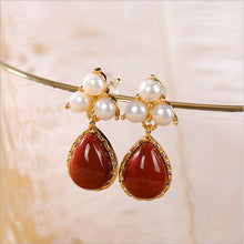 Load image into Gallery viewer, Natural Southern Red Agate Silver Inlaid Pearl Earrings Vintage Retro Charm Niche Crafts Women Brand Jewelry
