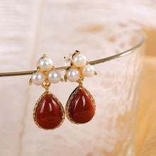 Load image into Gallery viewer, Natural Southern Red Agate Silver Inlaid Pearl Earrings Vintage Retro Charm Niche Crafts Women Brand Jewelry
