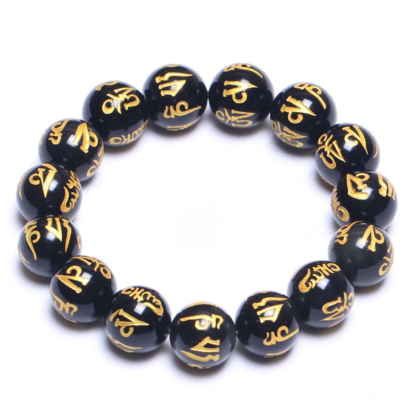 Handcrafted Natural Obsidian Beaded Engraved Tibetan Mantra Letter Bracelet