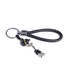 Load image into Gallery viewer, Natural Obsidian Lucky Gourd Pendant ibetan Silver Leather Keychain
