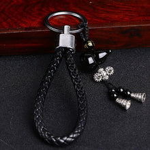 Load image into Gallery viewer, Natural Obsidian Lucky Gourd Pendant ibetan Silver Leather Keychain
