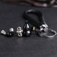 Load image into Gallery viewer, Natural Obsidian Lucky Gourd Pendant ibetan Silver Leather Keychain
