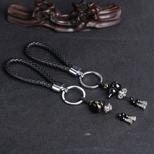 Load image into Gallery viewer, Natural Obsidian Lucky Gourd Pendant ibetan Silver Leather Keychain
