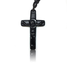 Load image into Gallery viewer, Handcrafted Natural Black Obsidian Jesus Christ Cross Pendant Necklace
