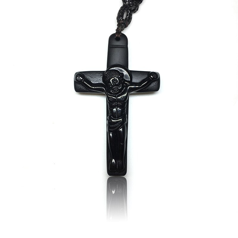 Handcrafted Natural Black Obsidian Jesus Christ Cross Pendant Necklace