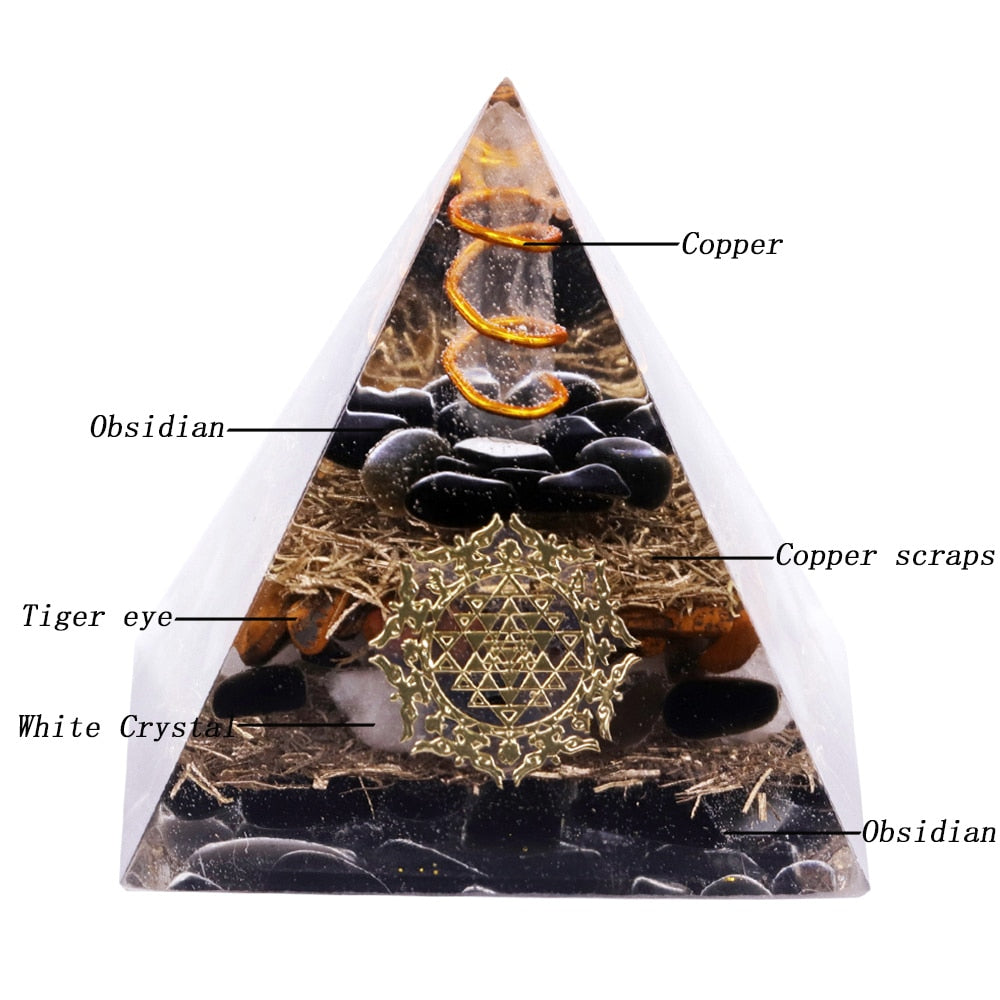 Artisan Handmade Natural Black Obsidian Tiger Eye Crystal  Reiki Healing Orgone Pyramid