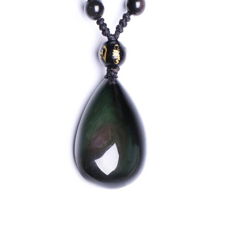 Natural Rainbow Obsidian Water Drops Pendant With Beaded Chain Necklace