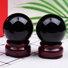 Load image into Gallery viewer, Natural Black Obsidian Reiki Crystal Sphere With Wooden Stand Chakra Healing Home Decoration
