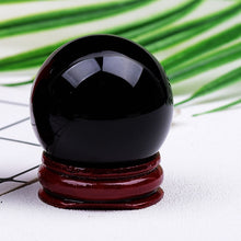 Load image into Gallery viewer, Natural Black Obsidian Reiki Crystal Sphere With Wooden Stand Chakra Healing Home Decoration
