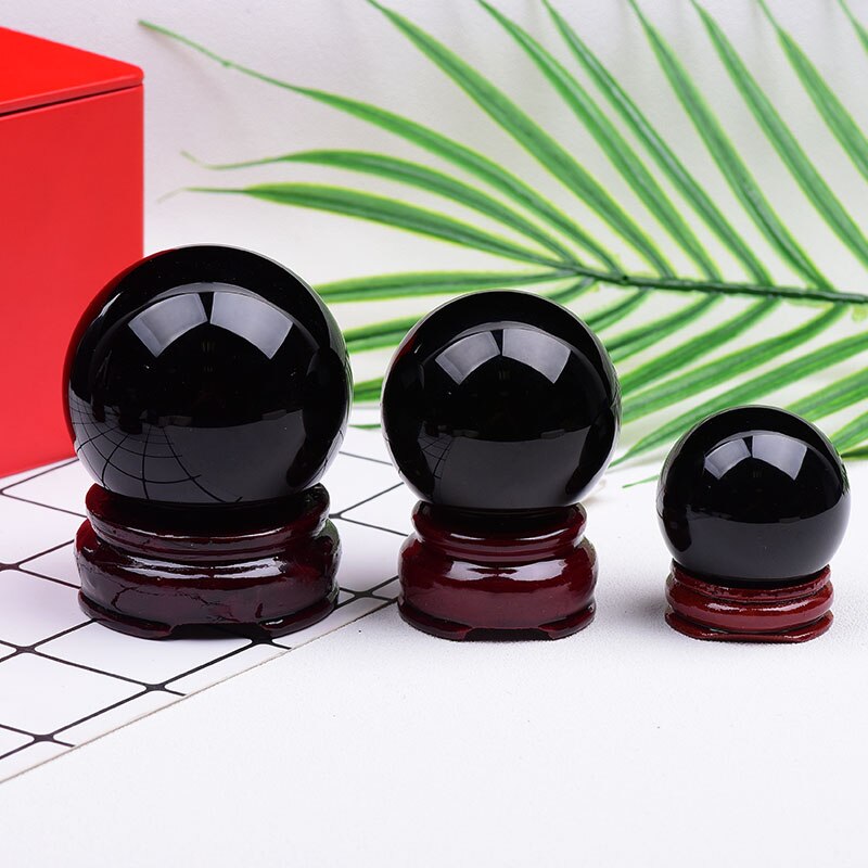 Natural Black Obsidian Reiki Crystal Sphere With Wooden Stand Chakra Healing Home Decoration