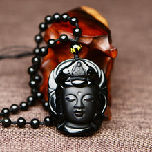 Load image into Gallery viewer, Handcrafted Natural Black Obsidian Buddha Avalokitesvara Pendant Beaded Necklace
