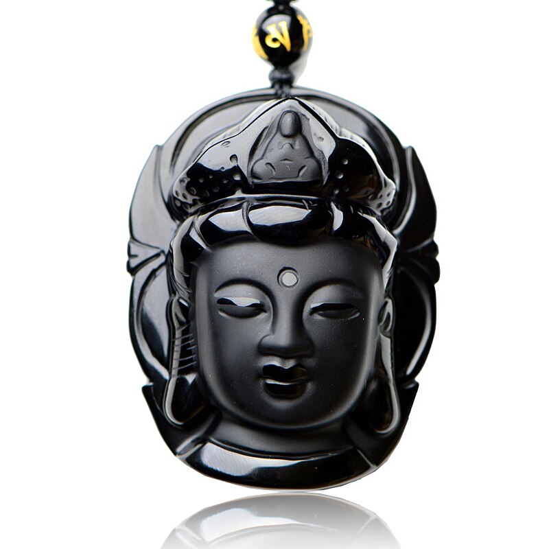 Handcrafted Natural Black Obsidian Buddha Avalokitesvara Pendant Beaded Necklace