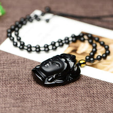 Load image into Gallery viewer, Handcrafted Natural Black Obsidian Buddha Avalokitesvara Pendant Beaded Necklace
