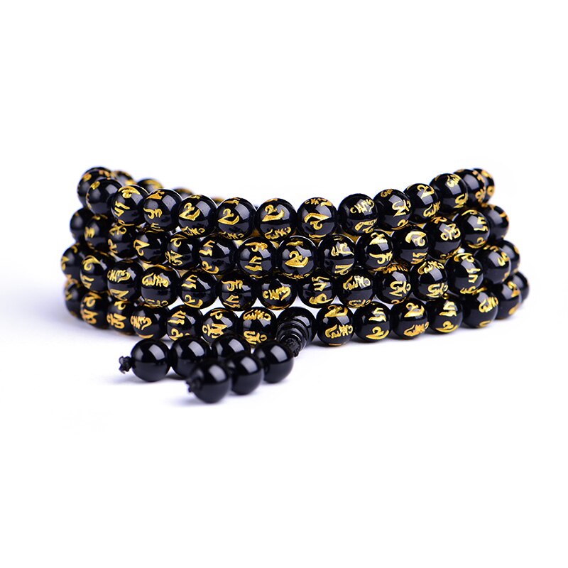 Natural Black Obsidian Tibetan Six Words 108 Beads Multilayer Power Healing Chakra Reiki Bracelet