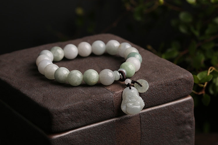 Handcrafted Natural Jade Beaded Buddha Maitreya Charm Bracelet