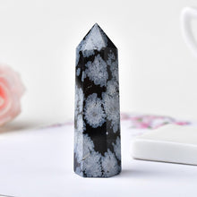 Load image into Gallery viewer, Handcrafted Natural Snowflake Obsidian Healing Quartz Crystal Point Wand Decor
