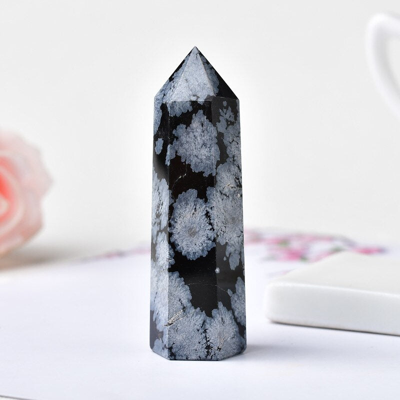 Handcrafted Natural Snowflake Obsidian Healing Quartz Crystal Point Wand Decor