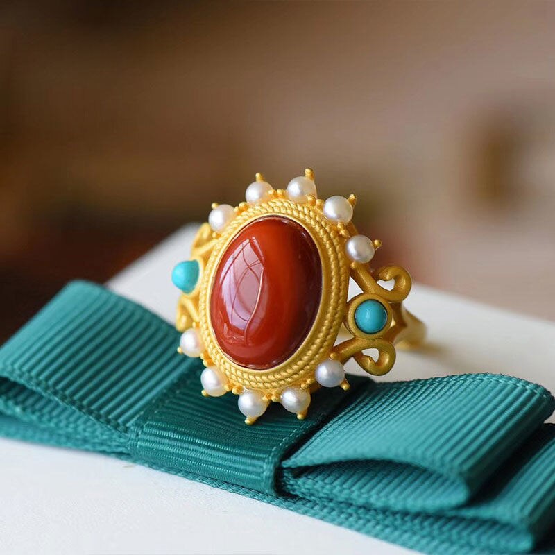 Natural Southern Red Agate S925 Silver Inlaid Pearl Turquoise Pendant Necklace Niche Luxury Charm Female Brand Jewelry