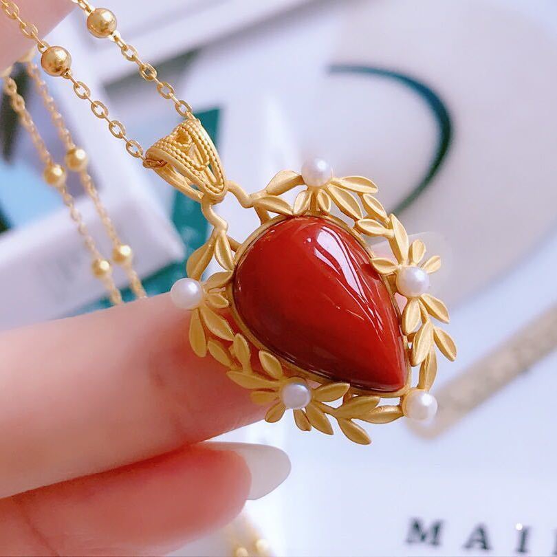 Natural Southern Red Agate Silver Inlaid Drop-shaped Vintage Style Retro Charm Luxury Charming Pendant Necklace