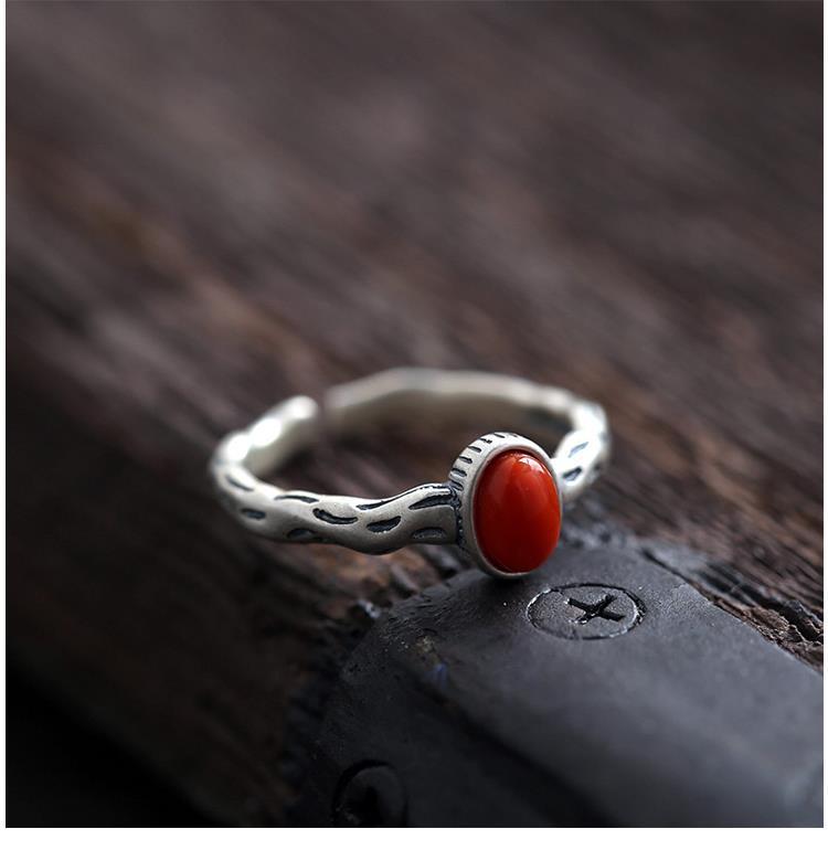 Natural Southern Red Agate Oval Open Ring Vintage Retro Craftsmanship Elegant Luxury Charm Lady Silver Jewelry