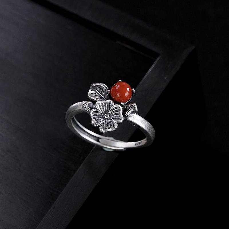 Natural South Red Aagre Plant Flower Open Ring Vintage Style Retro Elegant Charm Women's Silver Jewelry