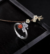 Load image into Gallery viewer, Natural South Red Aagre Plant Flower Open Ring Vintage Style Retro Elegant Charm Women&#39;s Silver Jewelry
