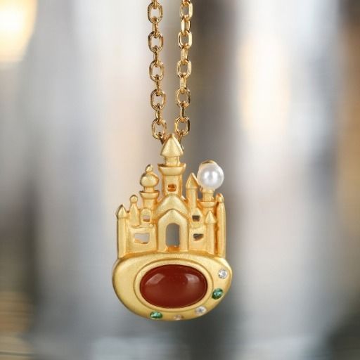 Natural Southern Red Agate Pearl Castle Pendant Necklace Vintage Antique Style Women's Jewelry