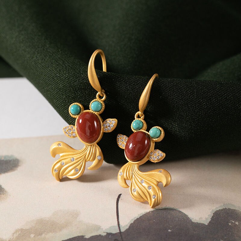 Natural South Red Agate Goldfish Earrings Vintage Retro Style Design Charming Women's Brand Jewelry