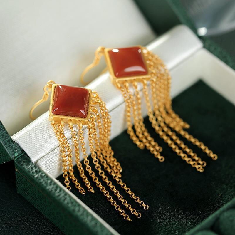 Natural Southern Red Agate Tassel Earrings Vintage Retro Style Elegant Unique Craft Women's Jewelry