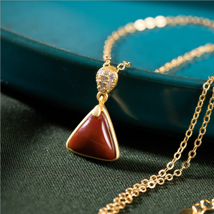 Natural Southern Red Agate Triangle Pendant Necklace Vintage Style Retro  Design Women's Jewelry