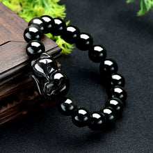 Load image into Gallery viewer, Handcrafted Natural Black Obsidian Beaded Lucky Fox Charm Bracelet
