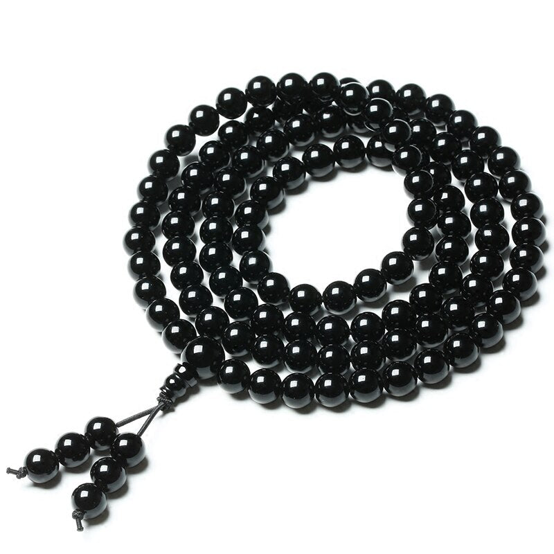 Multilayer Natural Black Obsidian Beaded Buddha Rosary Charm Bracelet