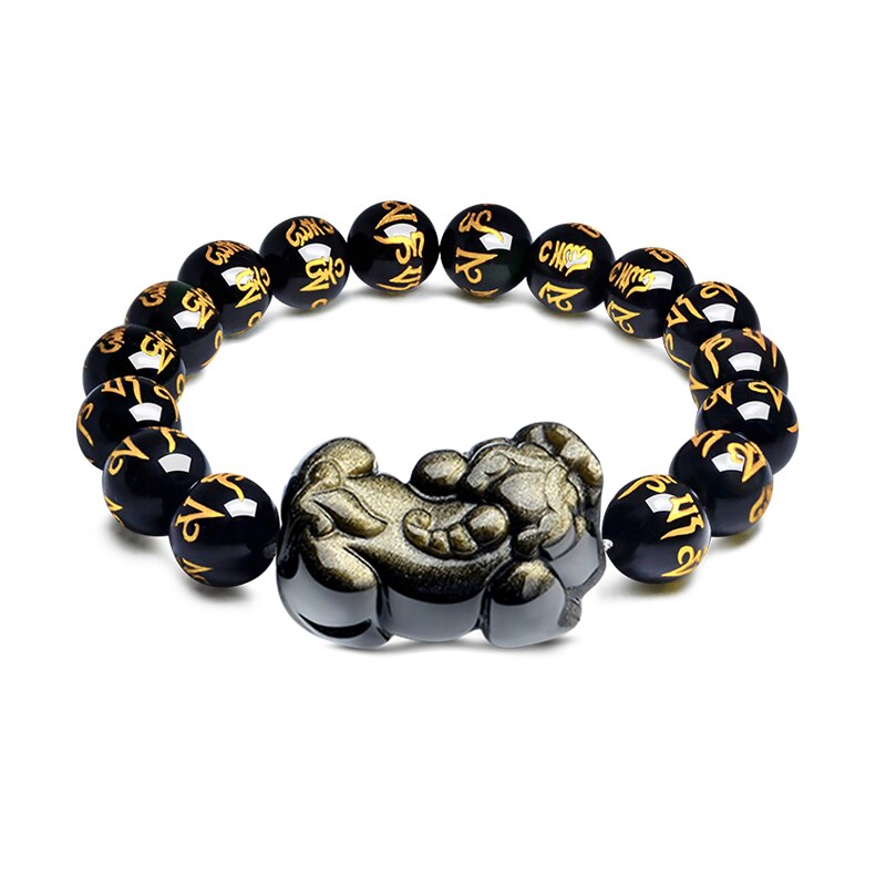 Natural Black Golden Obsidian Beaded Charm Lucky Piyao Bracelet