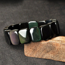 Load image into Gallery viewer, Handcrafted Natural Black Rainbow Obsidian Square Beaded Wrap Bracelet Bangle
