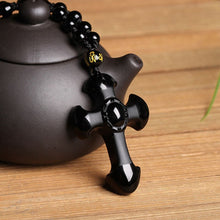 Load image into Gallery viewer, Handcrafted Natural Black Obsidian Cross Amulet Pendant Necklace
